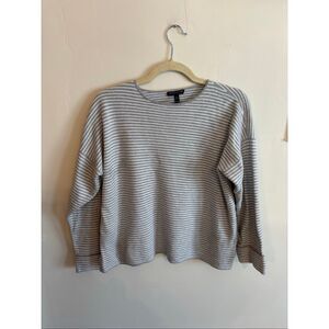 Eileen Fisher Striped Cuffed Sleeve Sweater Medium Petite Gray White Scoop Neck